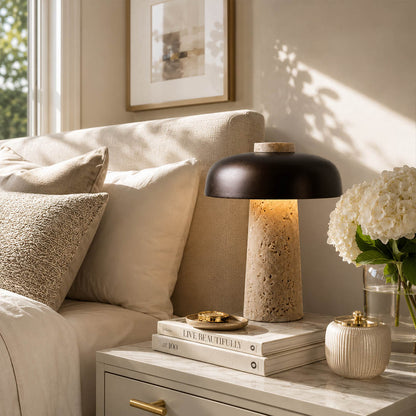 Onda small travertine dome table lamp modern industrial bedside nightstand primary master bedroom minimalist matte black walnut wood warm glow lifestyle interior
