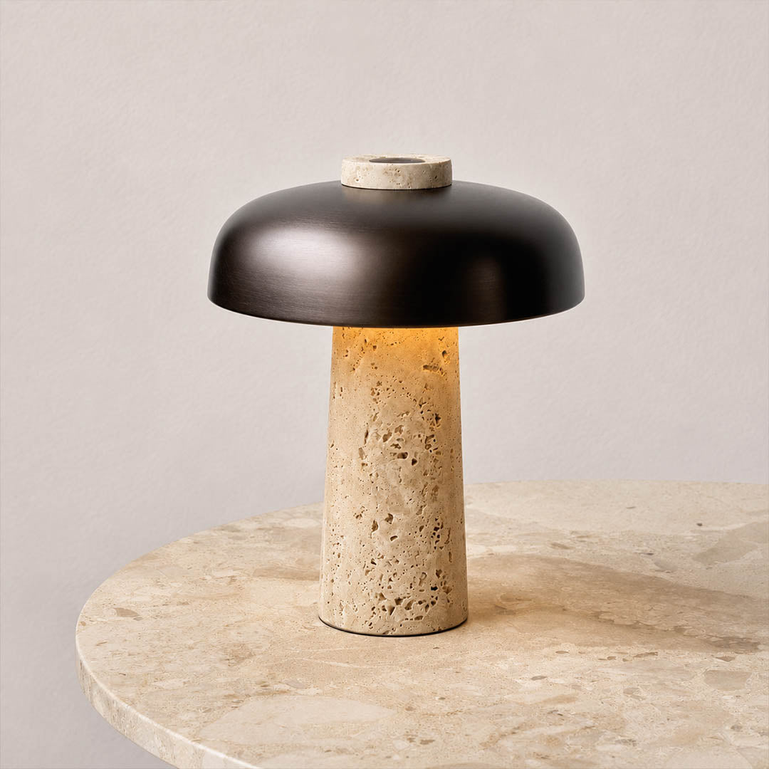 Onda small travertine dome table lamp Japandi modern desk reading corner study office minimalist matte black warm glow lifestyle interior
