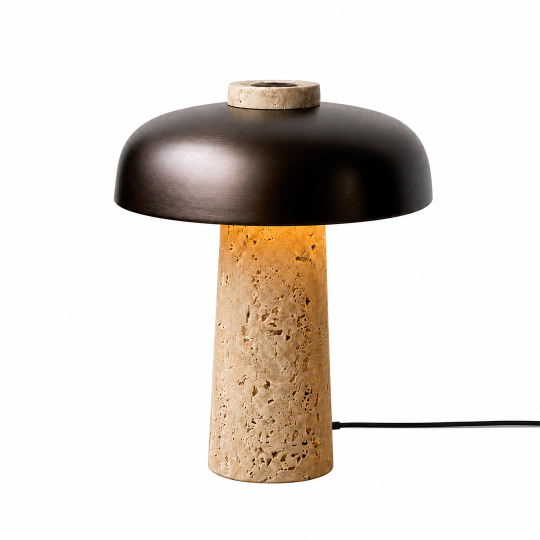 Onda travertine dome table lamp large 18 inch statement reverse dome matte black shade natural stone base modern industrial minimalist Japandi white background