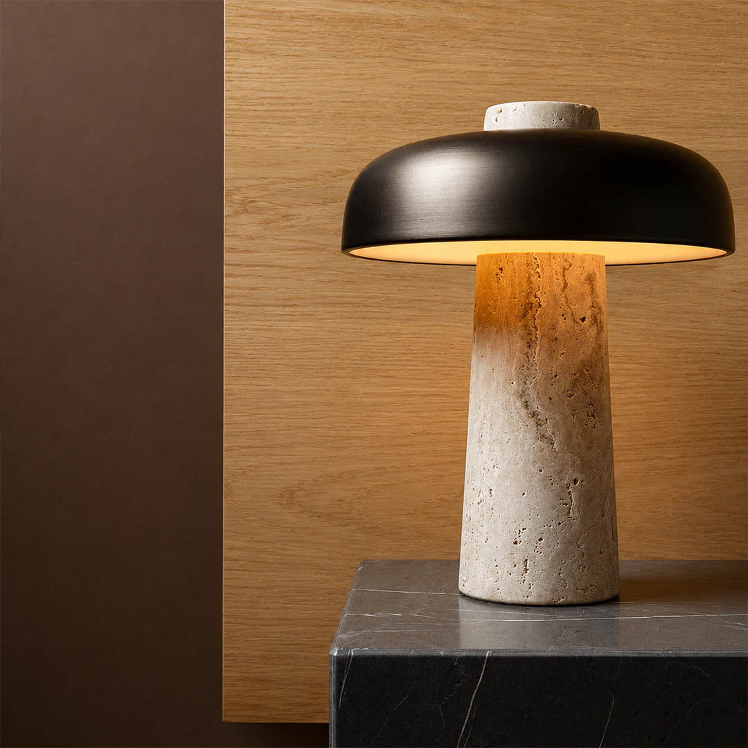 Onda large travertine dome table lamp living room side table sofa accent modern minimalist industrial natural stone warm glow lifestyle interior