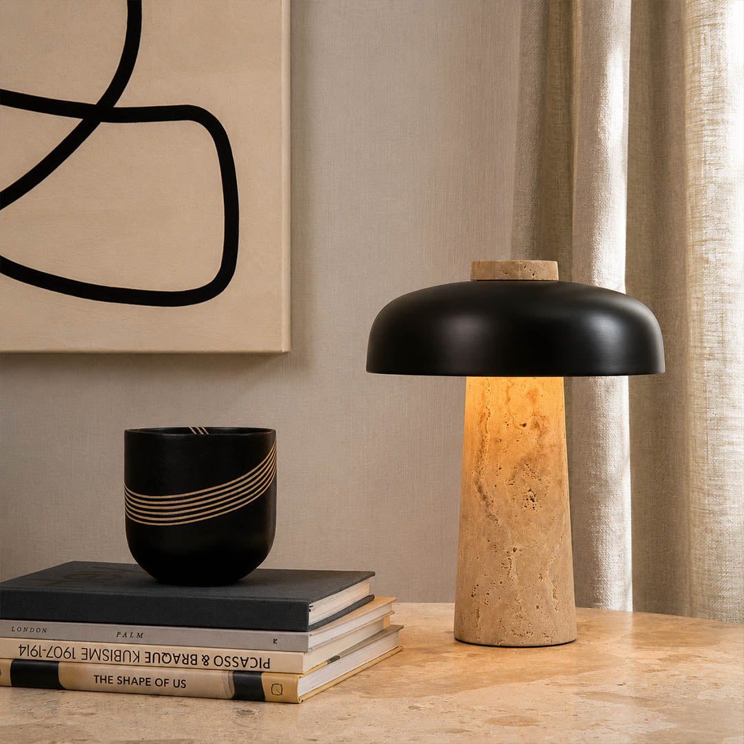 Onda large travertine dome table lamp living room side table sofa accent modern minimalist industrial natural stone warm glow lifestyle interior