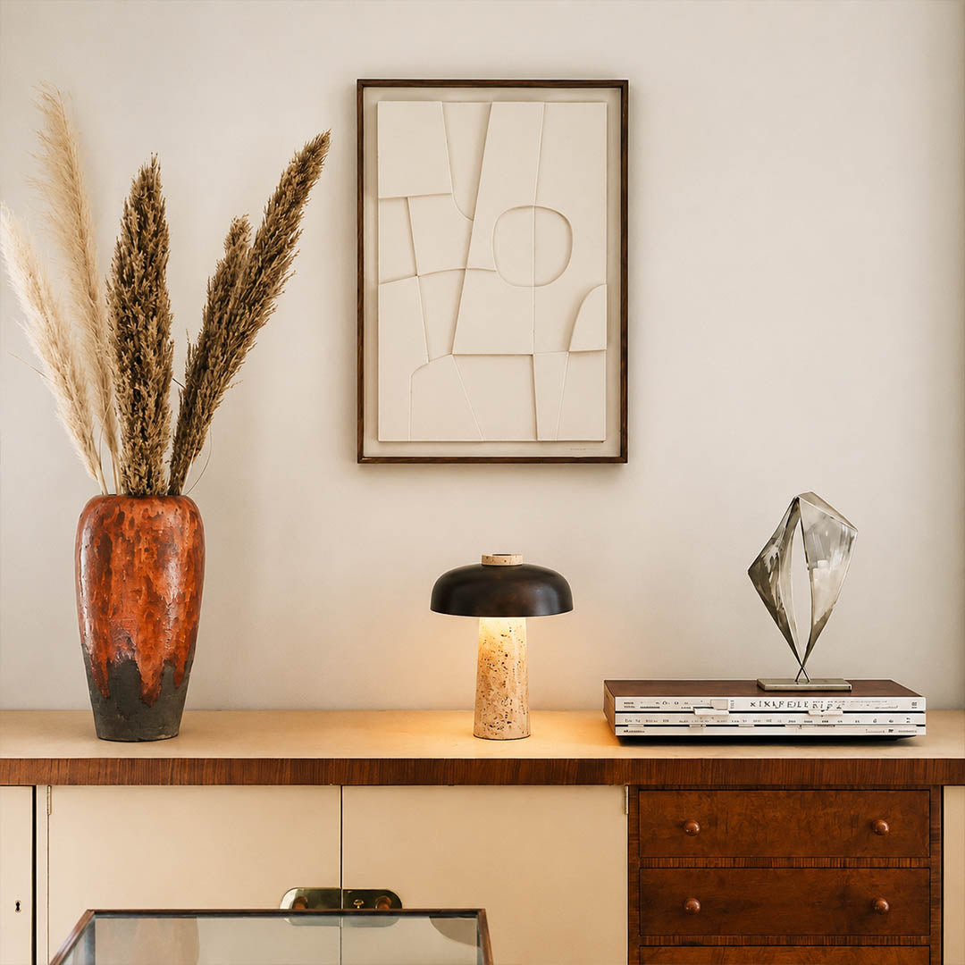Onda small travertine dome table lamp Japandi modern desk reading corner study office minimalist matte black warm glow lifestyle interior