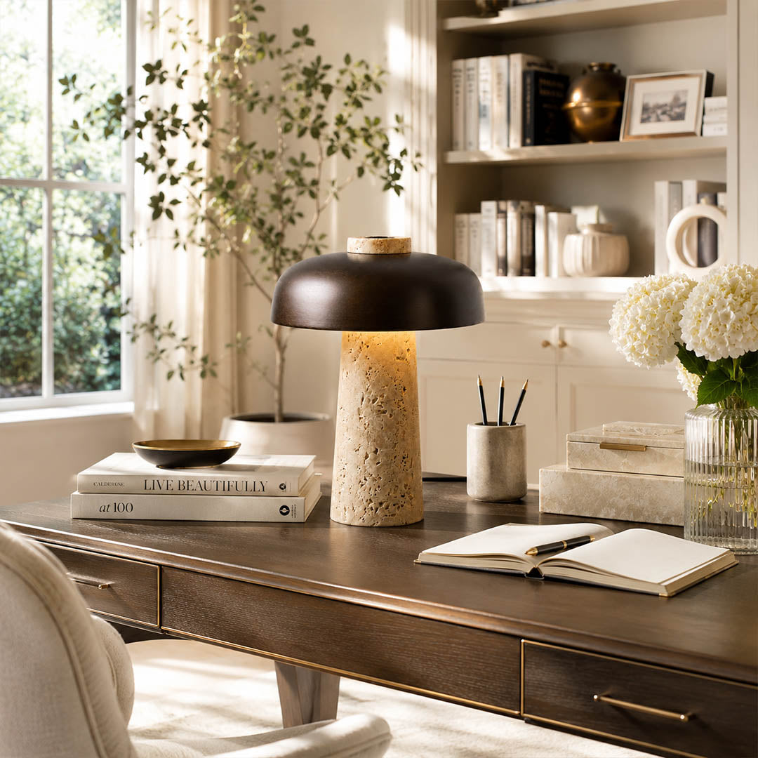 Onda small travertine dome table lamp Japandi modern desk reading corner study office minimalist matte black warm glow lifestyle interior