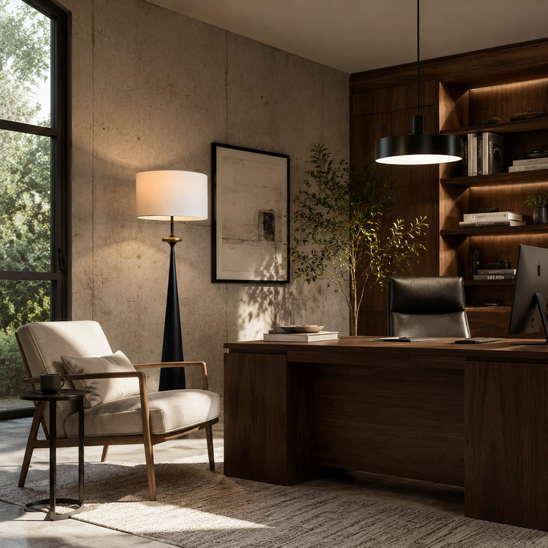 Orbelle floor lamp home office study corner reading ambient modern stacked circle American home lifestyle interior styled