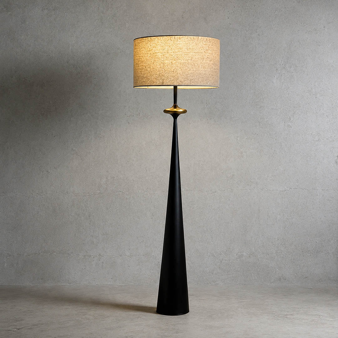 Orbelle floor lamp black beige shade stacked circle base modern metal fabric tall floor lamp white background front view