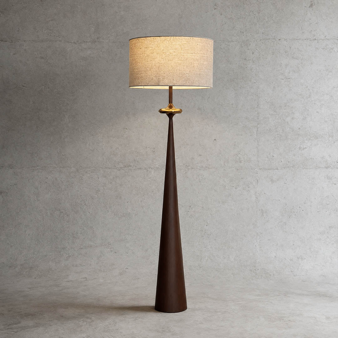 Orbelle floor lamp walnut color beige shade stacked circle base modern metal fabric tall floor lamp white background front view