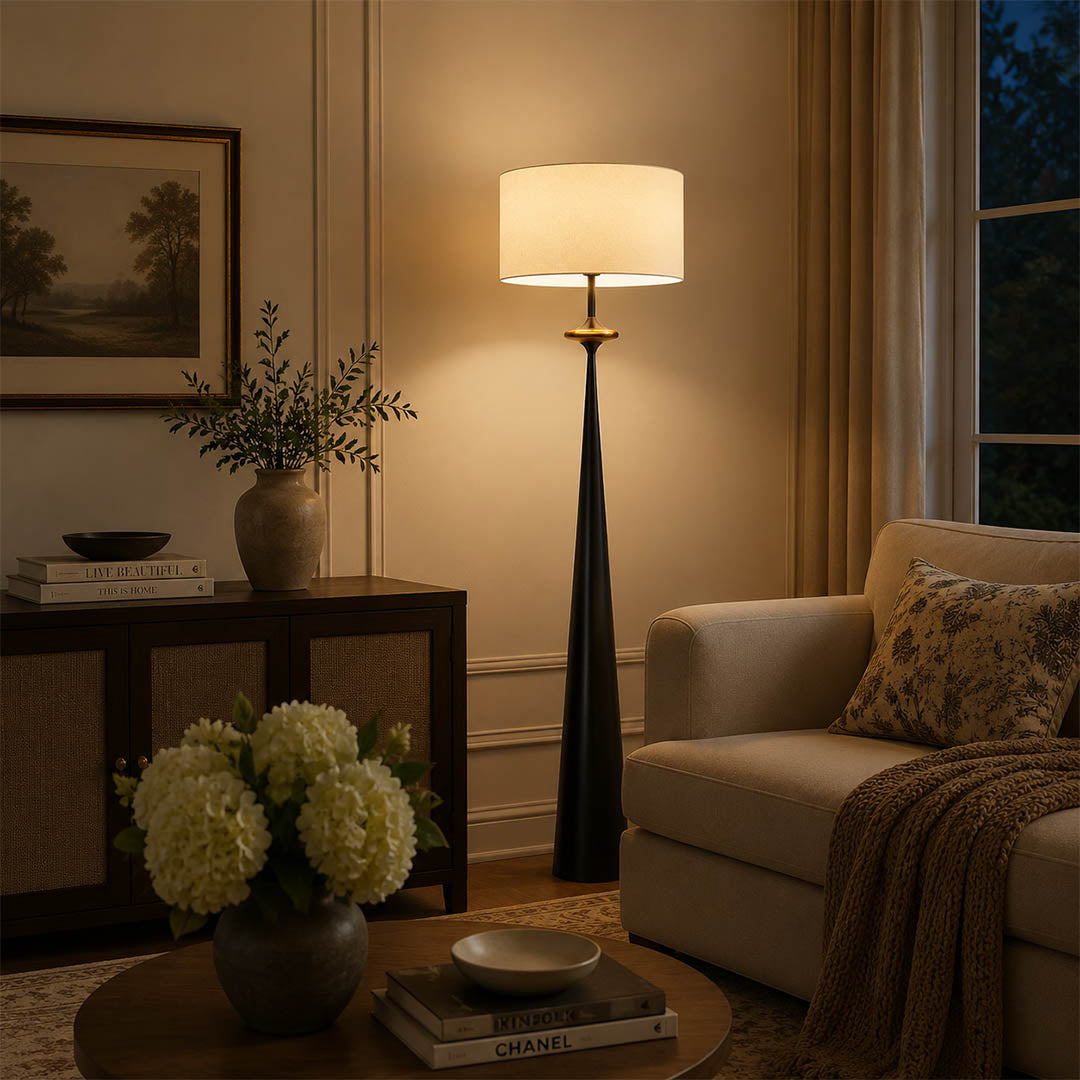 Orbelle floor lamp living room sofa side stacked circle modern warm ambient reading American home lifestyle interior styled