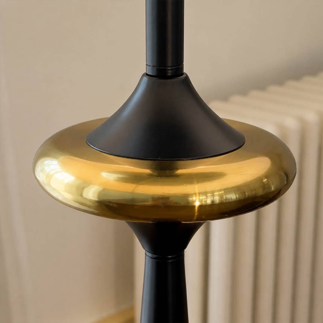 Orbelle floor lamp stacked three circle base geometric design detail close up sculptural modern metal