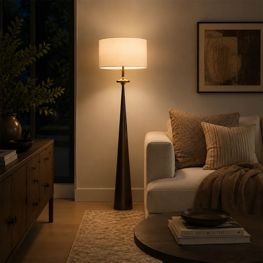 Orbelle floor lamp living room sofa side stacked circle modern warm ambient reading American home lifestyle interior styled