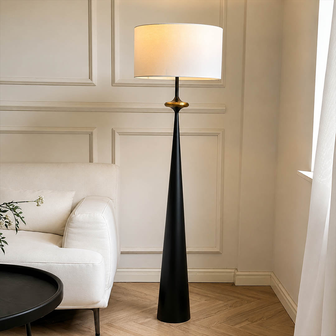Orbelle floor lamp modern industrial apartment black matte clean lines statement American home lifestyle interior styled