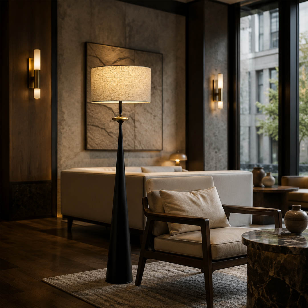 Orbelle floor lamp boutique hotel lobby corner stacked circle modern statement warm hospitality American commercial interior