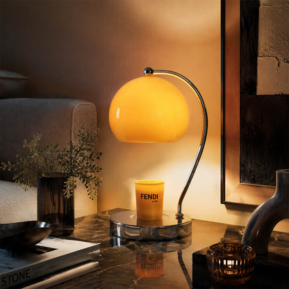 Orbet sphere candle warmer lamp living room side table scent warming warm glow chrome cute modern American home lifestyle interior styled