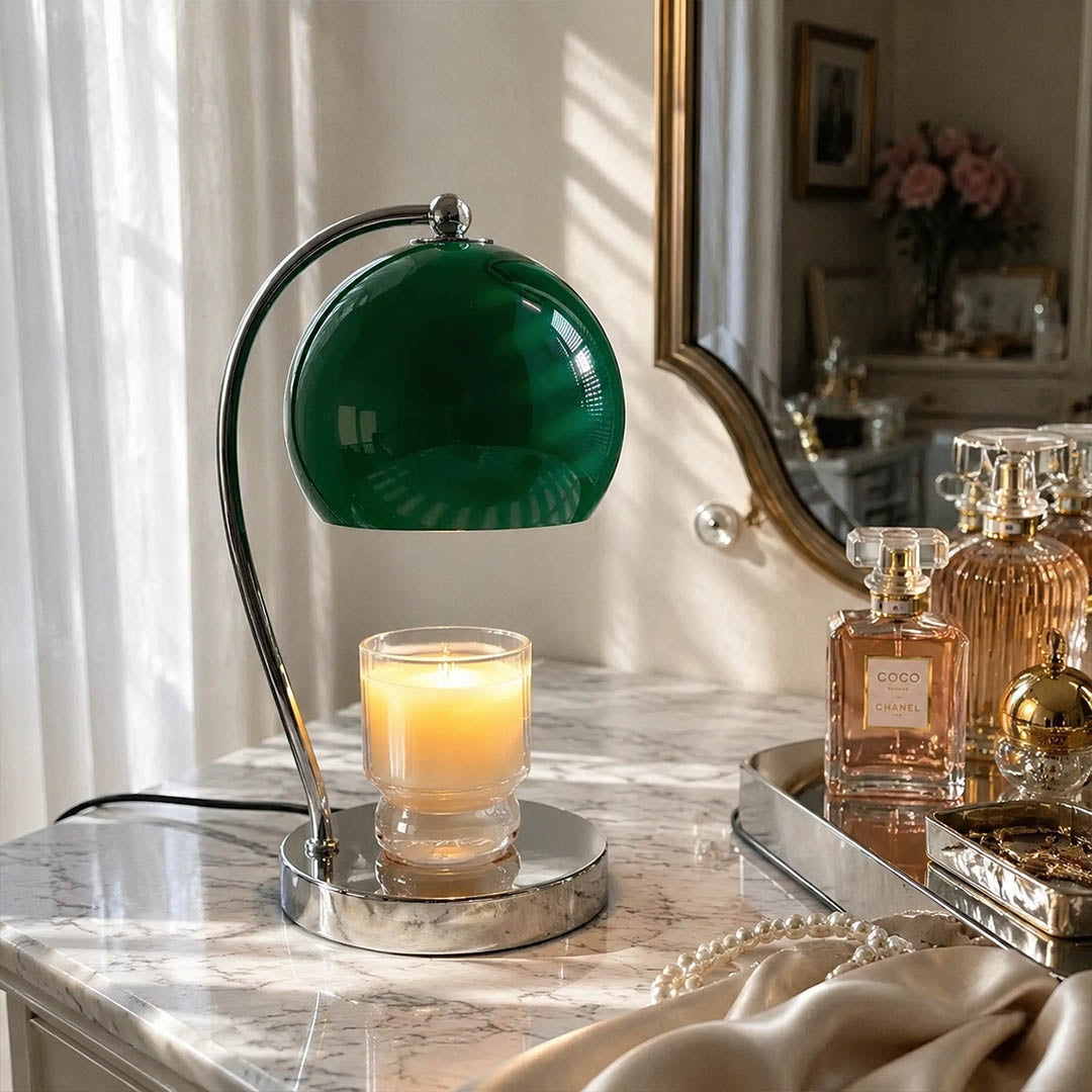 Orbet sphere candle warmer lamp vanity dresser scent warming warm glow chrome cute American home lifestyle interior styled