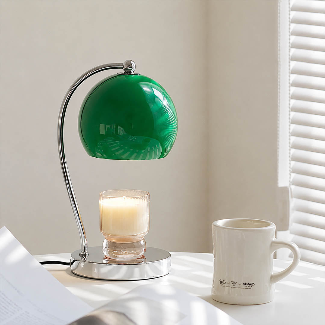 Orbet sphere candle warmer lamp study desk scent warming warm glow chrome cute relaxing American home lifestyle interior