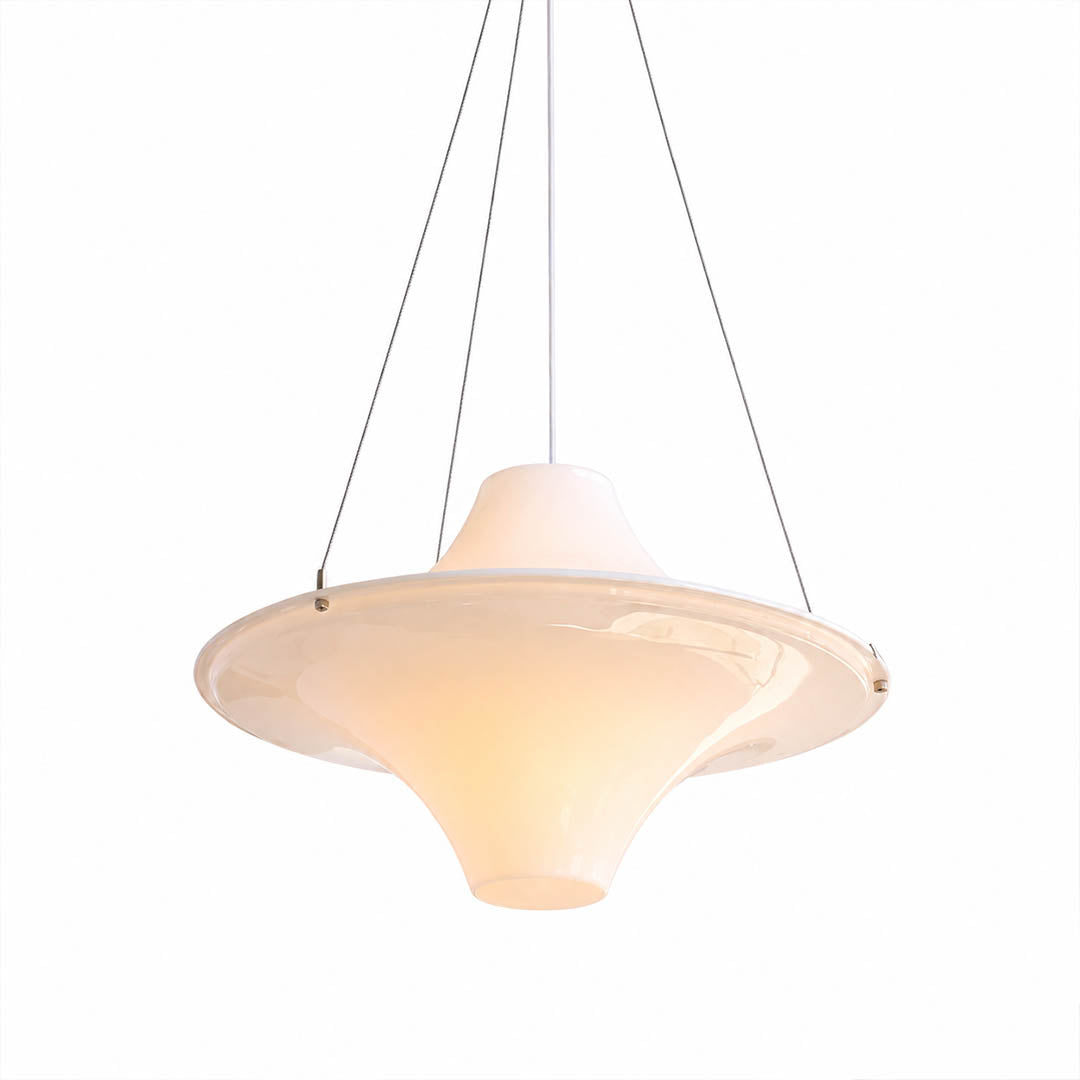 Orbis acrylic pendant light small opal white disc UFO shape modern mid century white background