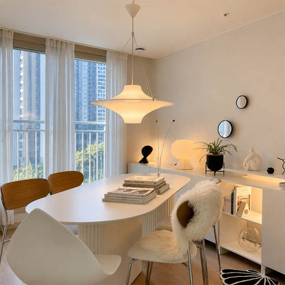Orbis acrylic pendant light dining table opal white disc soft warm glow modern American home lifestyle interior styled