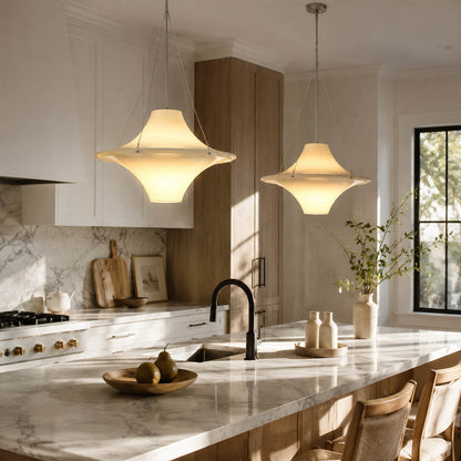 Orbis acrylic pendant light kitchen island opal white disc soft glow modern mid century American home lifestyle interior styled