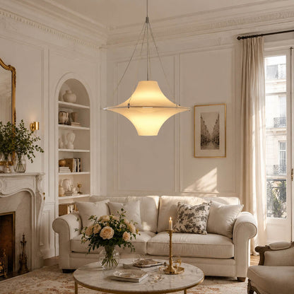 Orbis acrylic pendant light living room opal white disc soft glow modern mid century American home lifestyle interior styled
