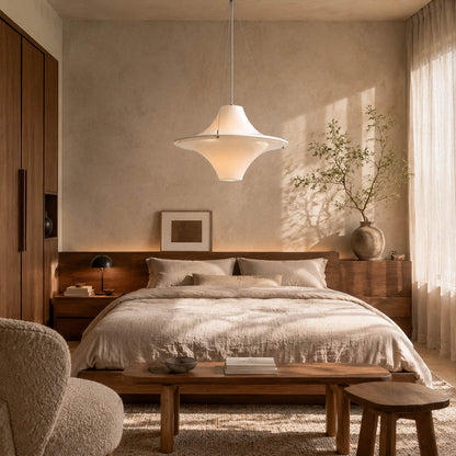 Orbis acrylic pendant light bedroom opal white disc soft warm glow modern minimalist American home lifestyle interior styled