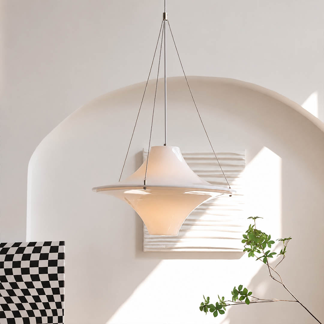 Orbis acrylic pendant light living room opal white disc soft glow modern mid century American home lifestyle interior styled