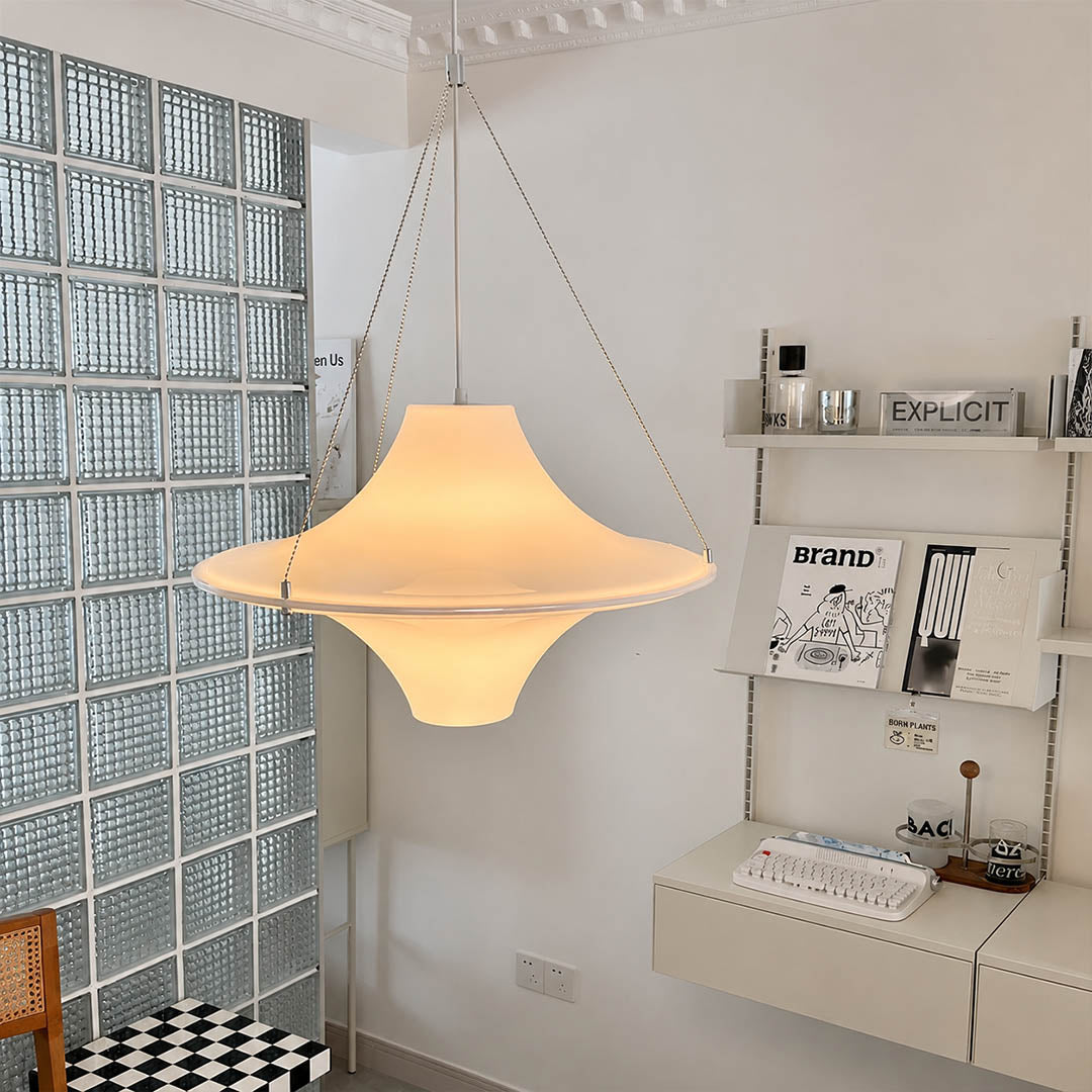 Orbis acrylic pendant light bedroom opal white disc soft warm glow modern minimalist American home lifestyle interior styled