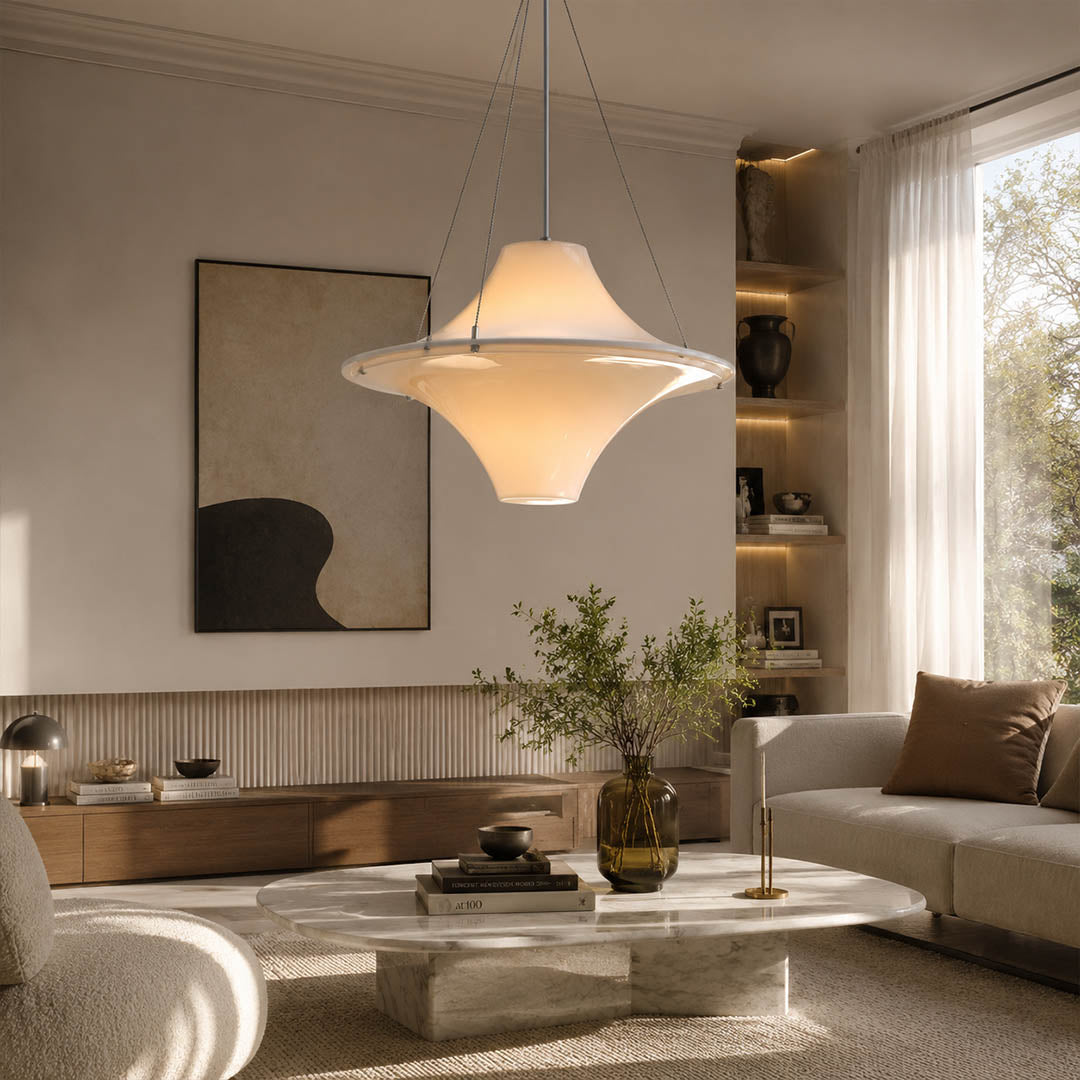 Orbis acrylic pendant light living room opal white disc soft glow modern mid century American home lifestyle interior styled