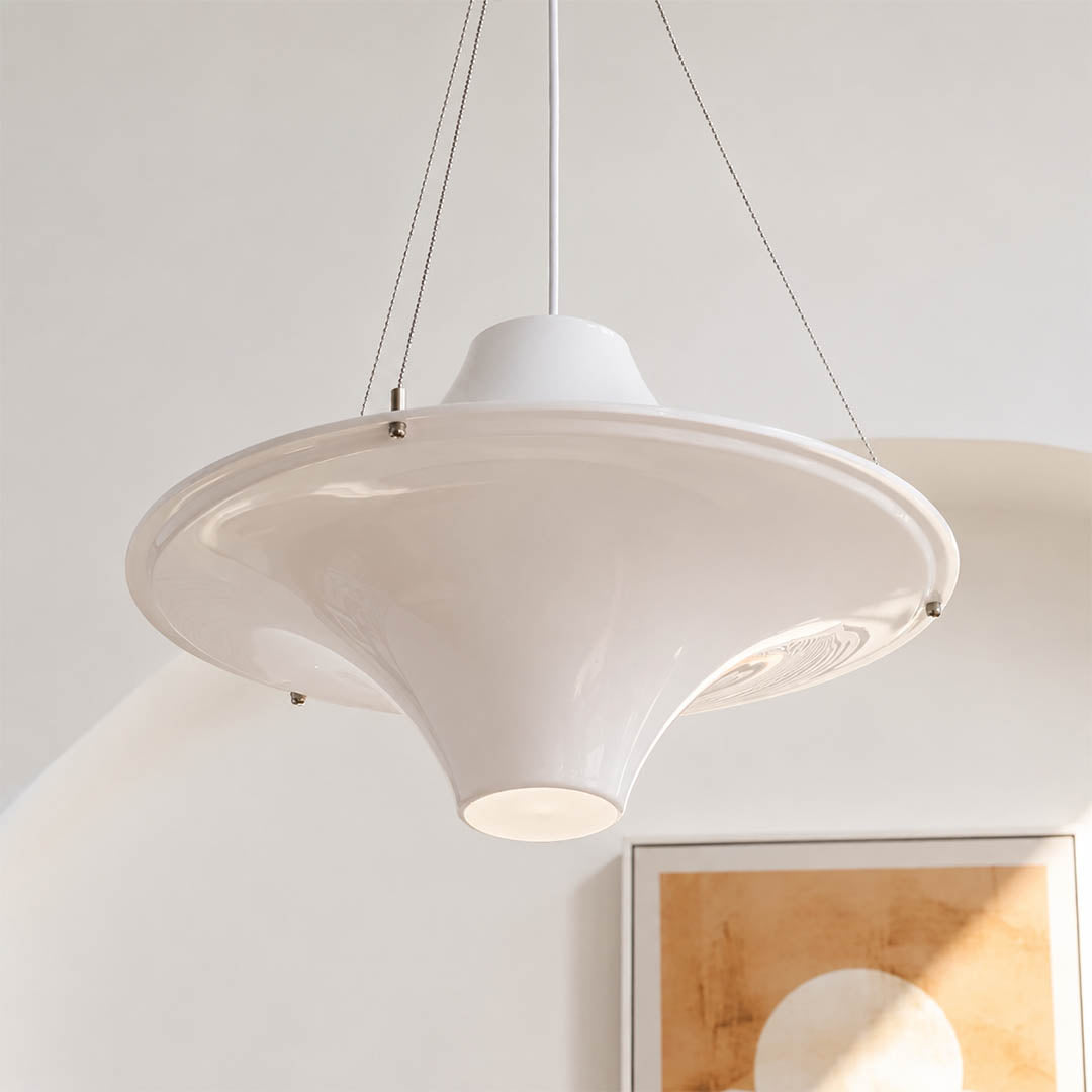 Orbis acrylic pendant light living room opal white disc soft glow modern mid century American home lifestyle interior styled