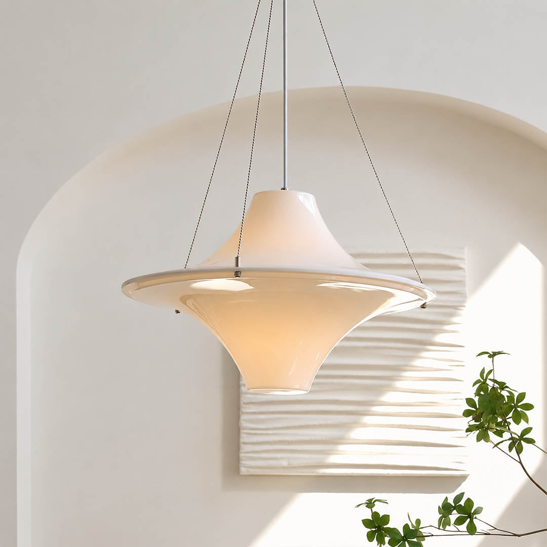 Orbis acrylic pendant light living room opal white disc soft glow modern mid century American home lifestyle interior styled