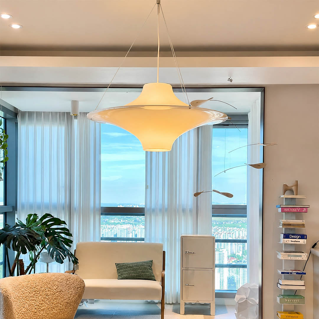 Orbis acrylic pendant light living room opal white disc soft glow modern mid century American home lifestyle interior styled