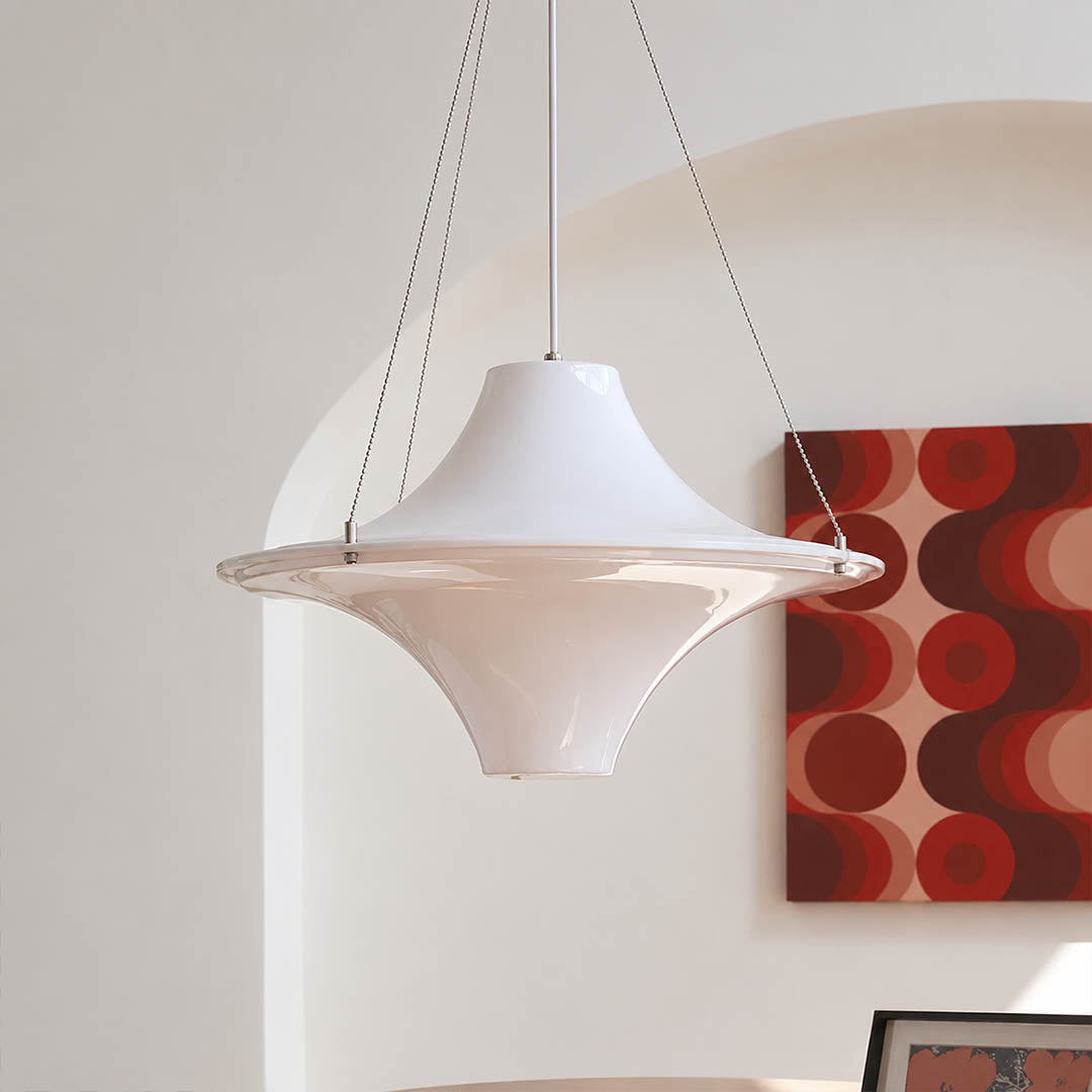 Orbis acrylic pendant light living room opal white disc soft glow modern mid century American home lifestyle interior styled