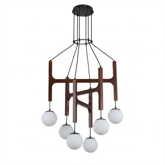 Orbit walnut wood glass orb chandelier 6-head multi-size frosted globe cascade white background