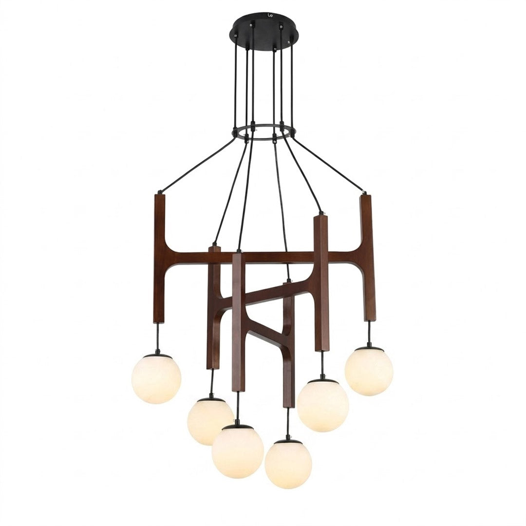 Orbit walnut wood glass orb chandelier 6-head multi-size frosted globe cascade white background