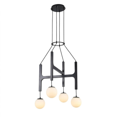 Orbit walnut orb chandelier above dining table warm frosted globe glow organic modern interior