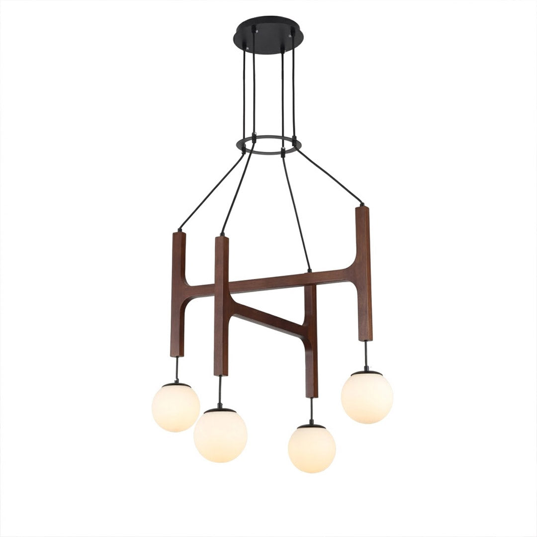 Orbit walnut orb chandelier above dining table warm frosted globe glow organic modern interior