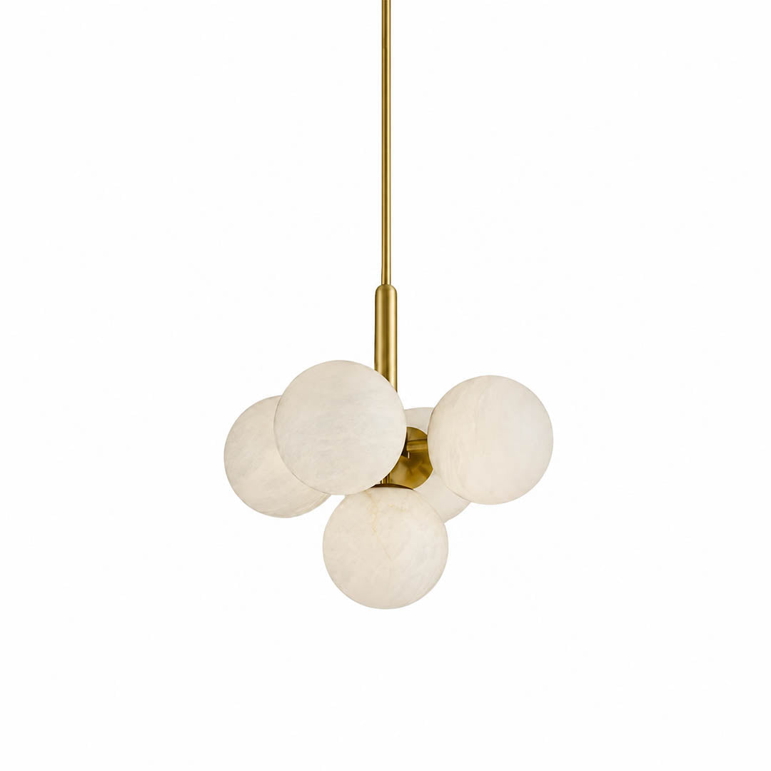Orbita alabaster globe pendant light five balls round cluster natural stone spheres brass galactic white background front view
