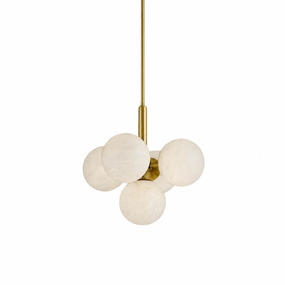 Orbita alabaster globe pendant light five balls round cluster natural stone spheres brass galactic white background front view