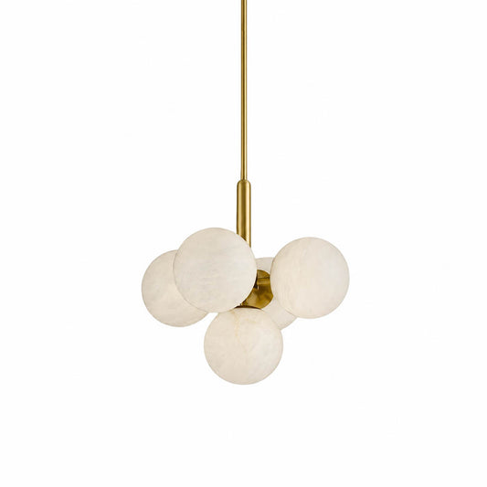 Orbita alabaster globe pendant light five balls round cluster natural stone spheres brass galactic white background front view