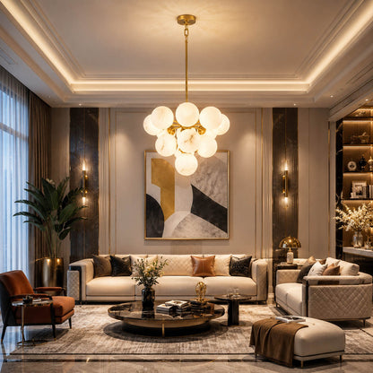 Orbita alabaster globe pendant light foyer entryway galactic cluster natural stone brass grand statement American home lifestyle interior
