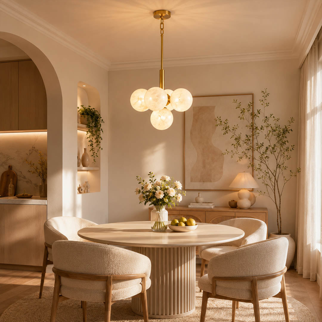 Orbita alabaster globe pendant light dining room above table cluster natural stone brass warm glow American home lifestyle interior styled