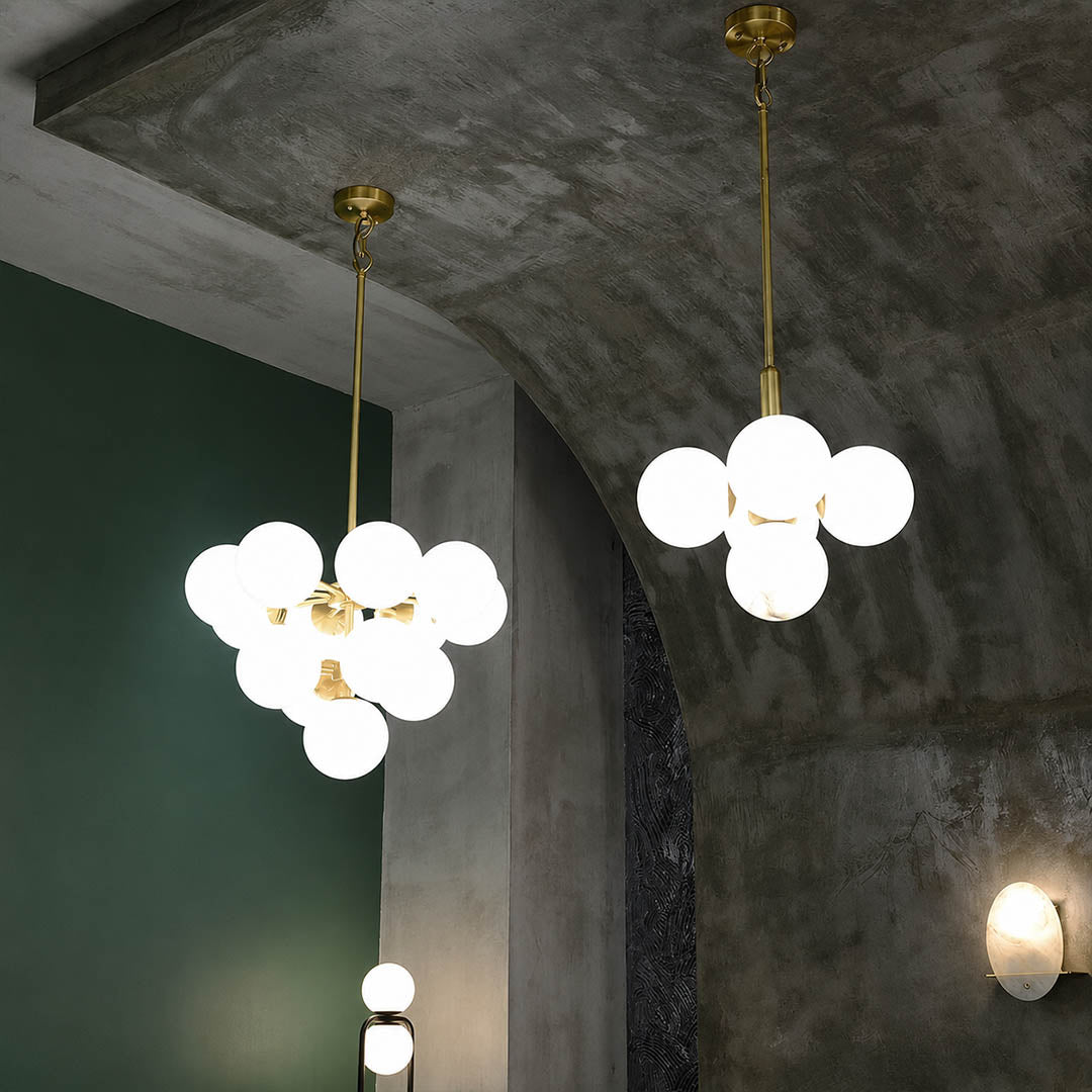Orbita alabaster globe pendant light galactic cluster brass rods spheres structure top view arrangement detail sculptural