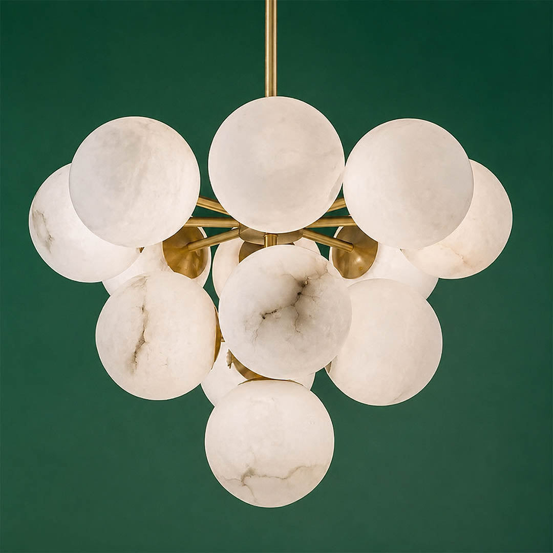 Orbita alabaster globe pendant light galactic cluster brass rods spheres structure top view arrangement detail sculptural