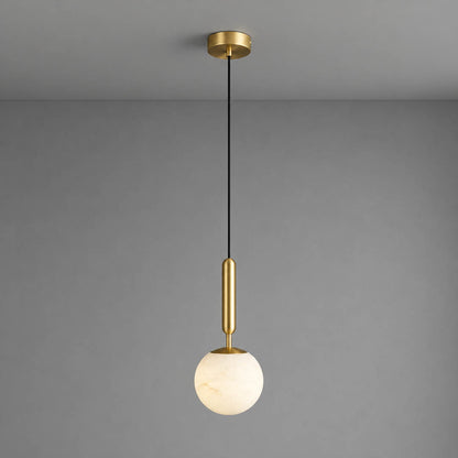Orbita alabaster globe pendant light single ball long drop natural stone sphere brass rod cord white background front view