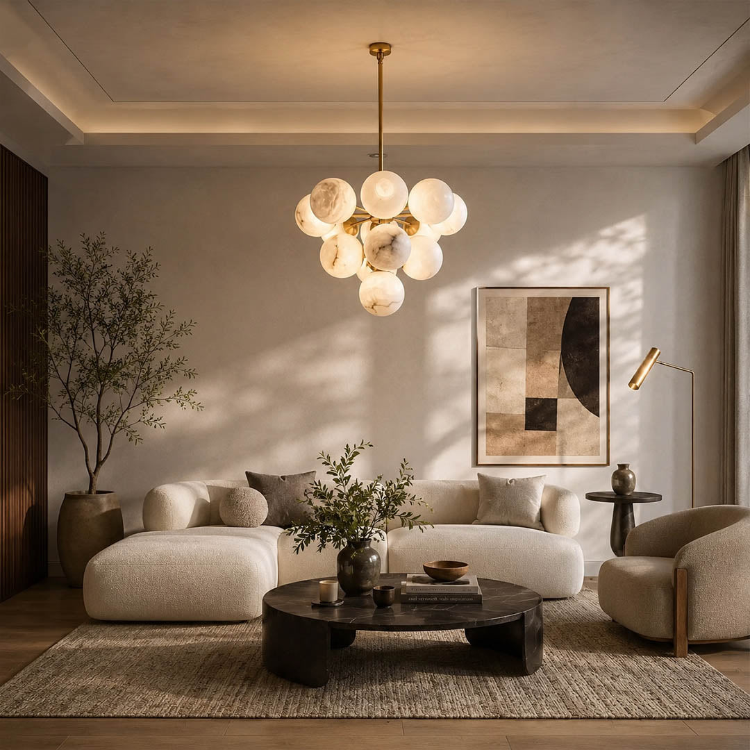 Orbita alabaster globe pendant light living room cluster natural stone brass statement quiet luxury warm American home lifestyle interior