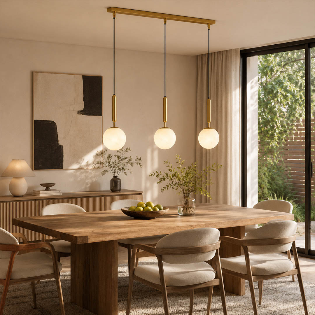 Orbita alabaster globe pendant light dining room above table cluster natural stone brass warm glow American home lifestyle interior styled