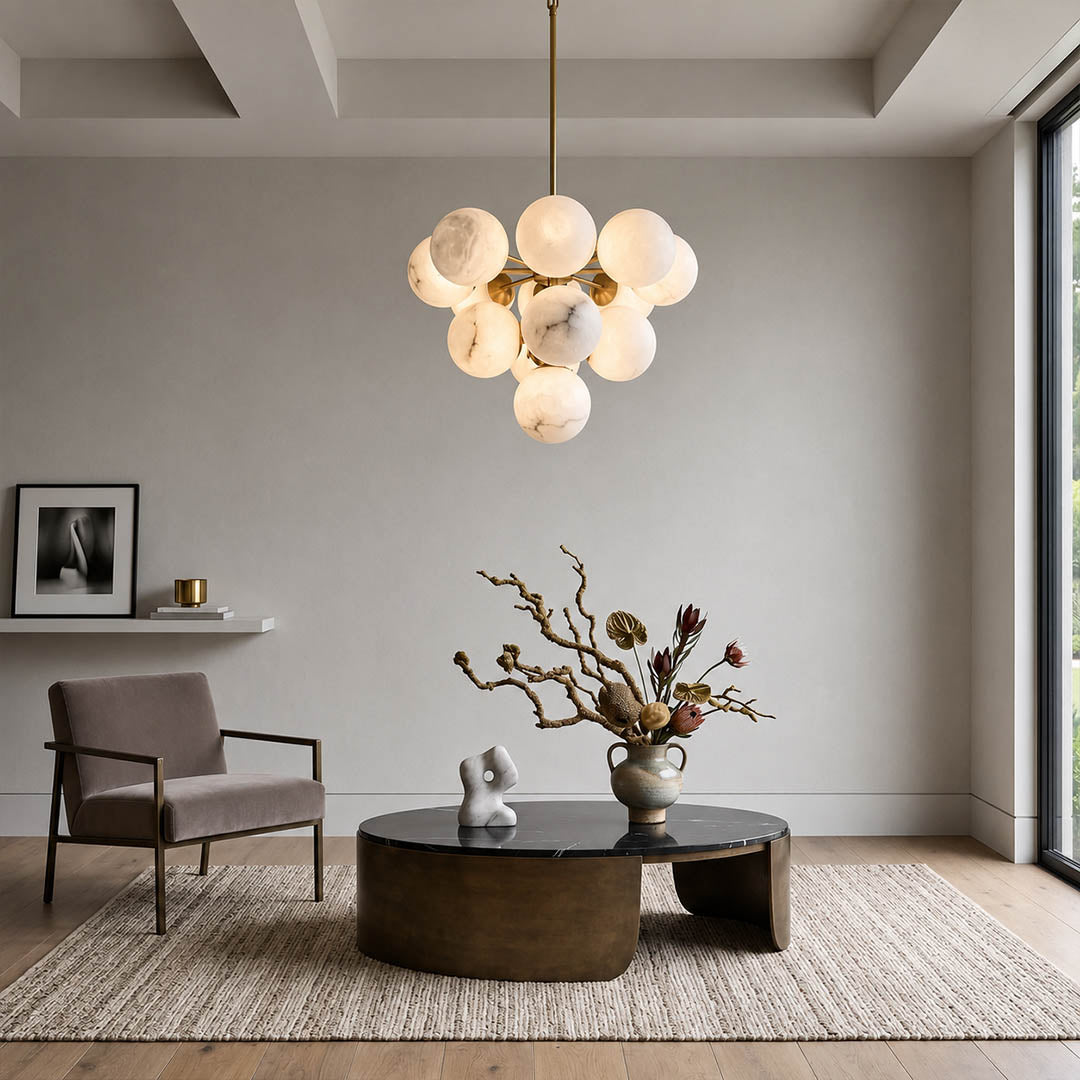 Orbita alabaster globe pendant light modern minimalist kitchen dining natural stone brass quiet luxury American home lifestyle interior