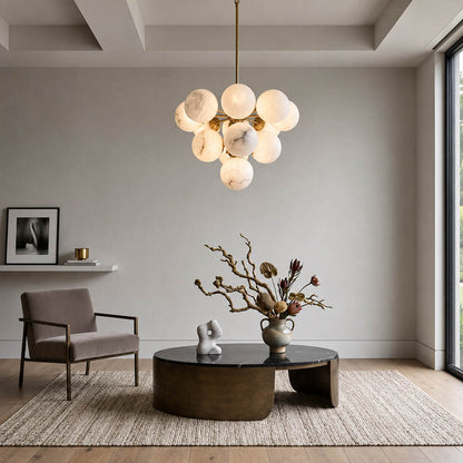 Orbita alabaster globe pendant light modern minimalist kitchen dining natural stone brass quiet luxury American home lifestyle interior