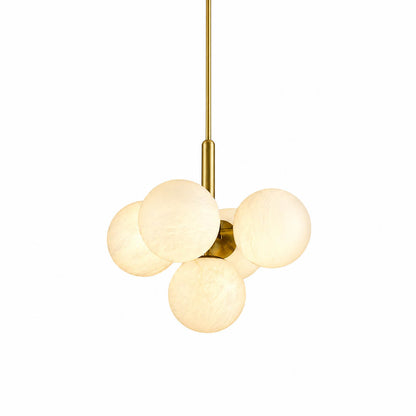 Orbita alabaster globe pendant light illuminated warm glow translucent natural stone spheres brass soft radiance white background