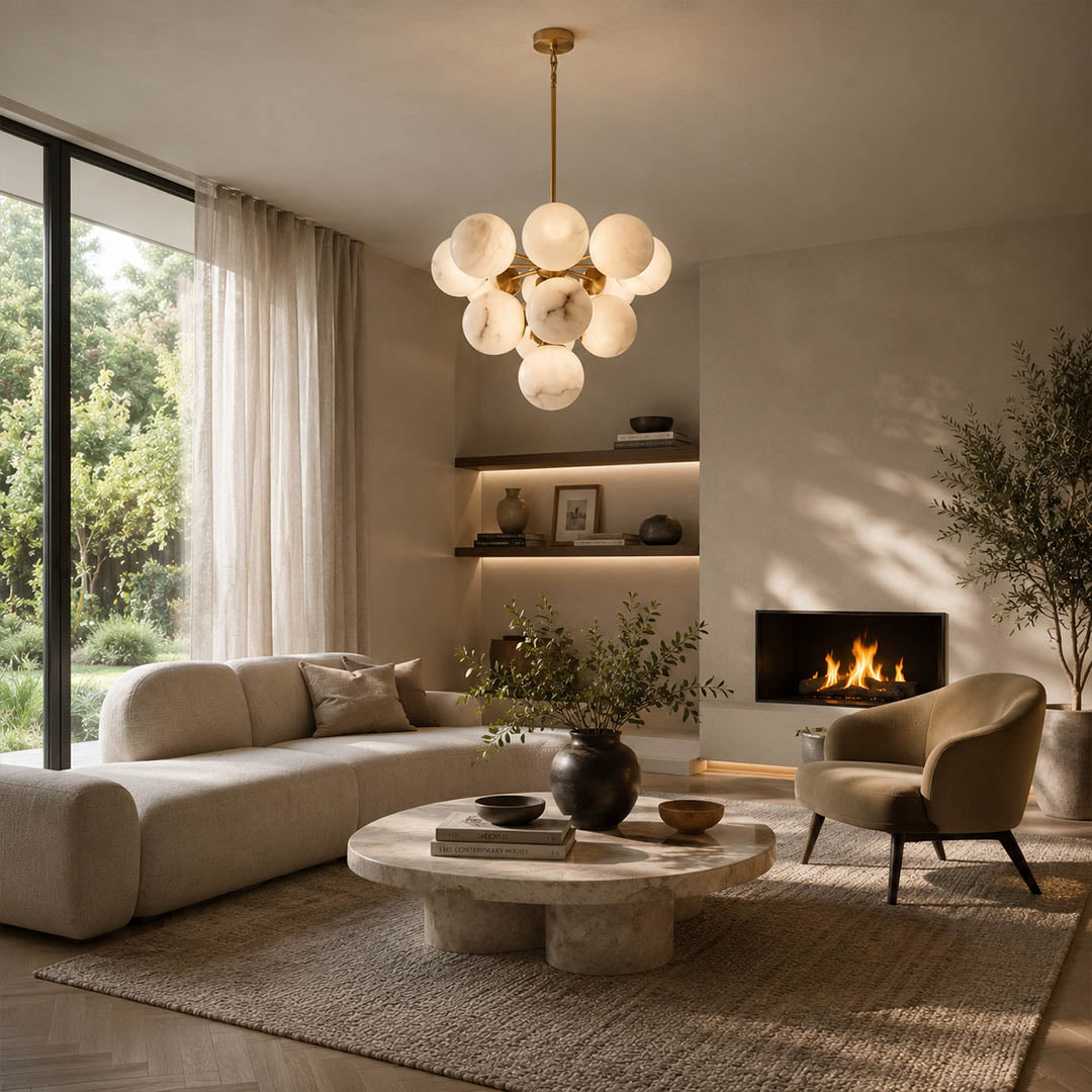 Orbita alabaster globe pendant light double height living room grand galactic cluster natural stone brass statement American home lifestyle interior