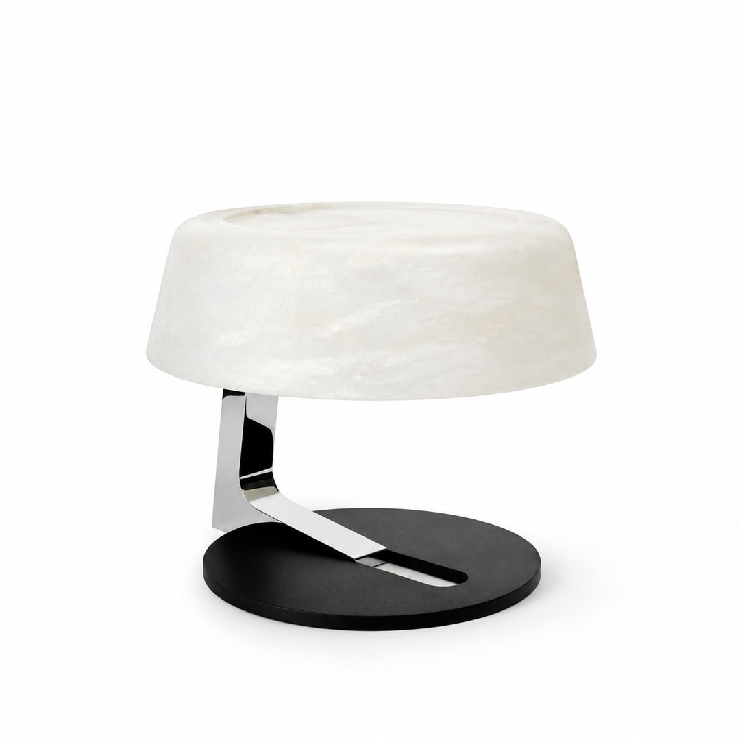 Orbita modern table lamp with natural alabaster shade on a black metal base on a white background