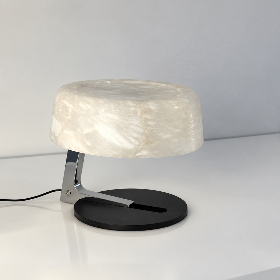 Close-up of the milky white alabaster shade of the Orbita lamp unlit